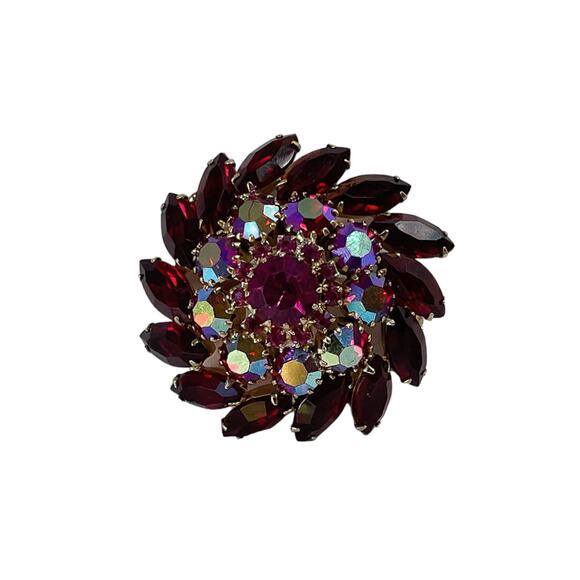 1960s Delizza & Elster Red AB Rhinestones Circular Domed Julianna Brooch Pin - Picture 1 of 4